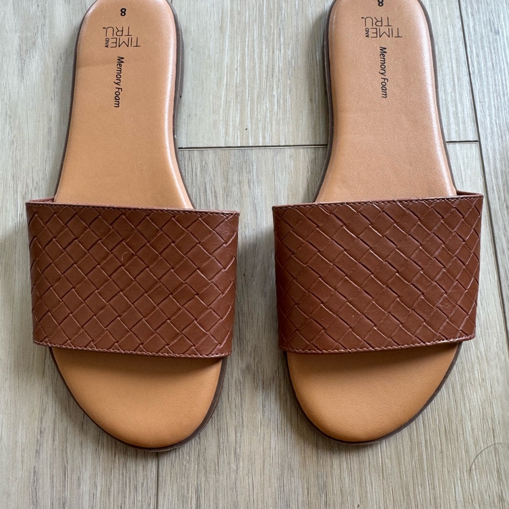 Time and Tru Tan Woven Slide Sandals